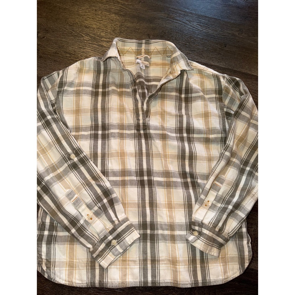LL Bean Signature Womens Plaid Flannel Popover Shirt Olive Tan Medium M Regular